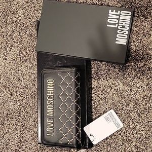 NWT  Moschino black studded Long Zipper wallet W Box